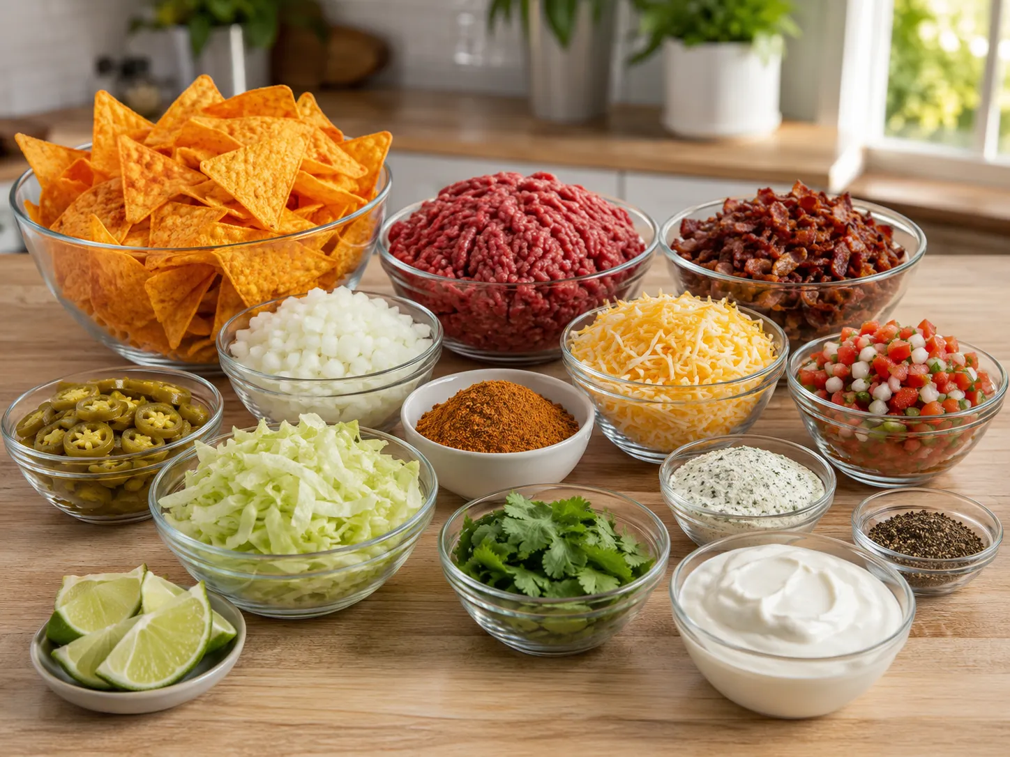 Ingredients for beef bacon Doritos nachos arranged on a light wood surface