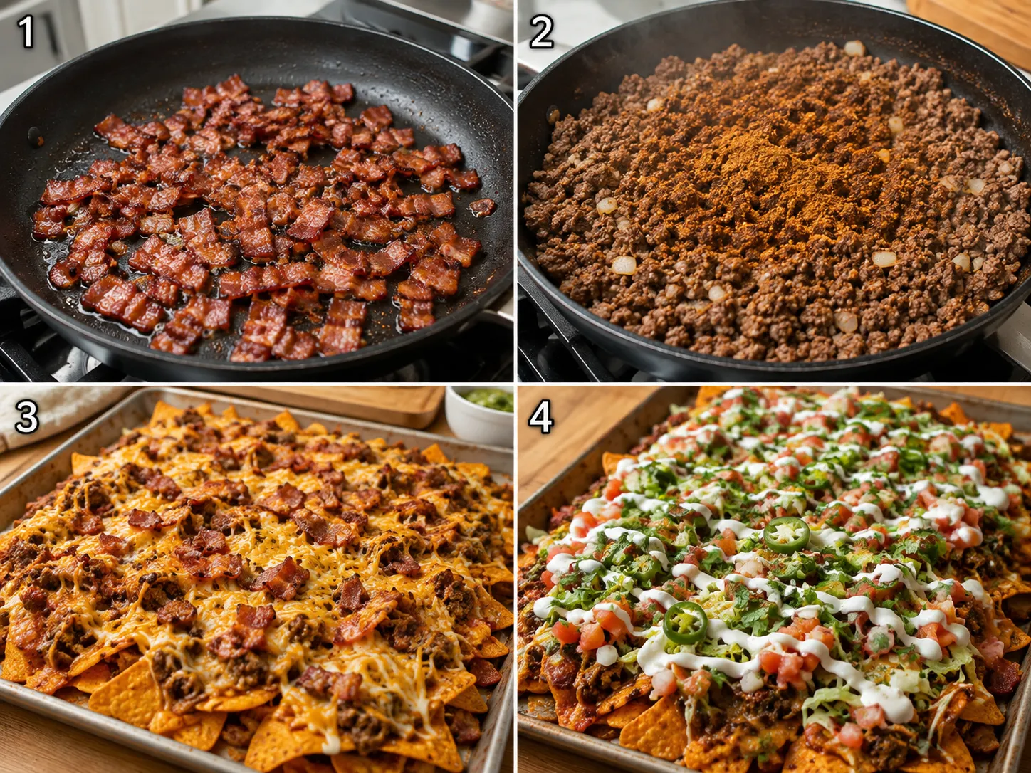 Four cooking steps for beef bacon Doritos nachos from skillet to finished tray