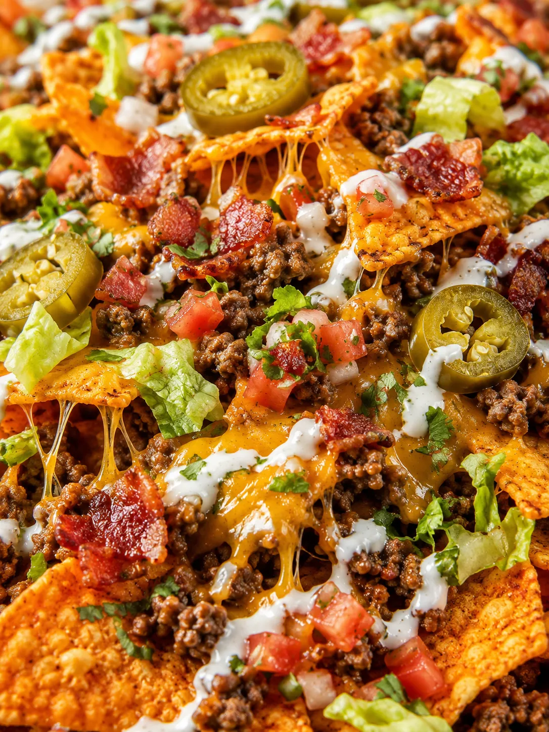 Loaded beef bacon Doritos nachos with melted cheese and ranch crema