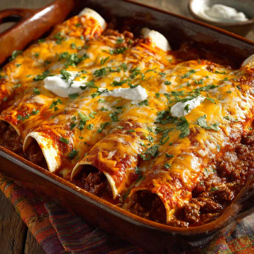 Cheesy Beef and Bean Enchiladas with Tortillas and Sauce