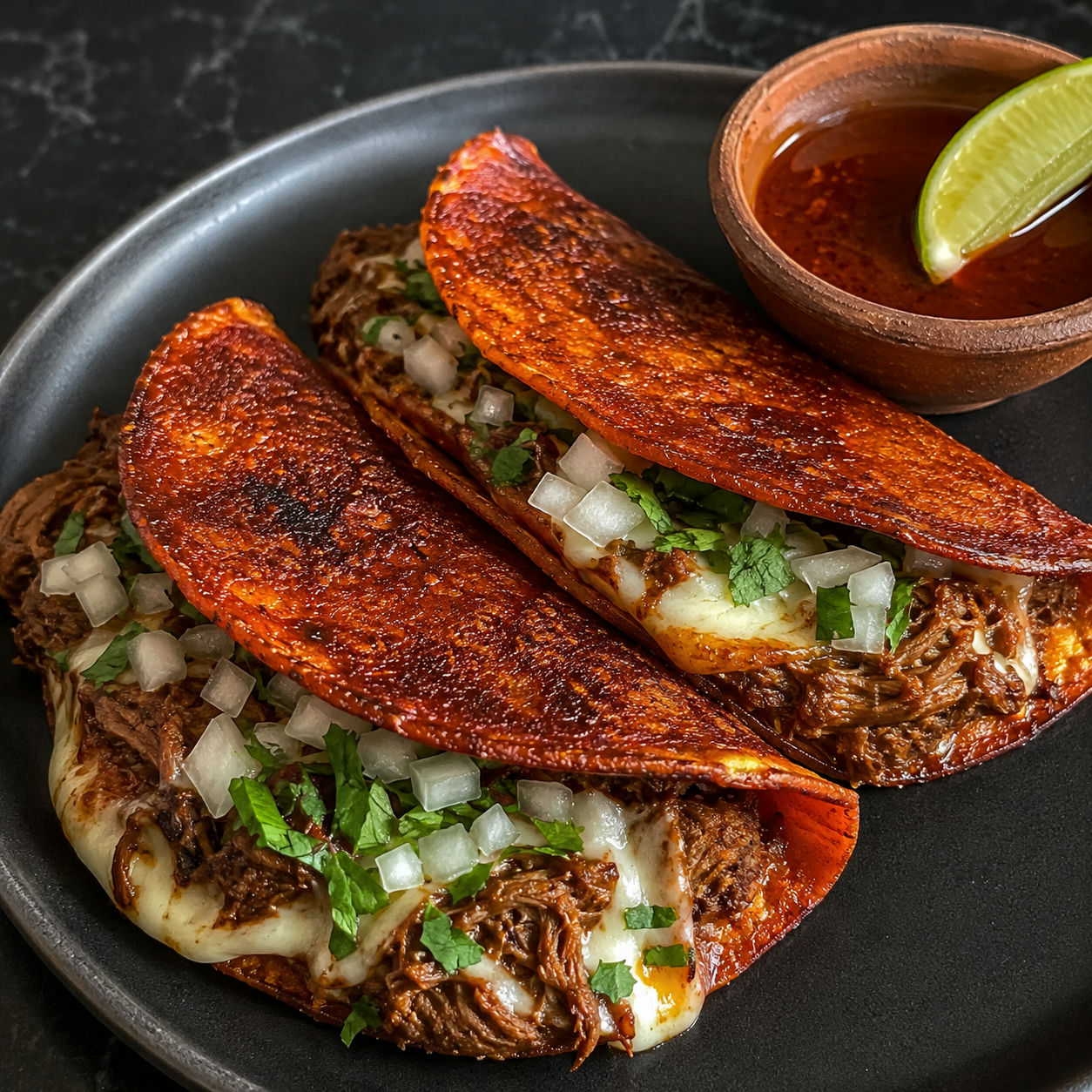 Beef birria tacos with crispy red tortillas, shredded beef, melted cheese, onion, and cilantro