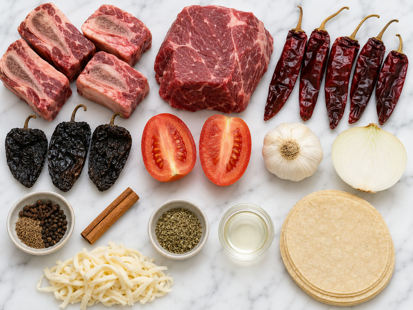 Raw ingredients for beef birria tacos including dried chiles, short ribs, and corn tortillas on wood