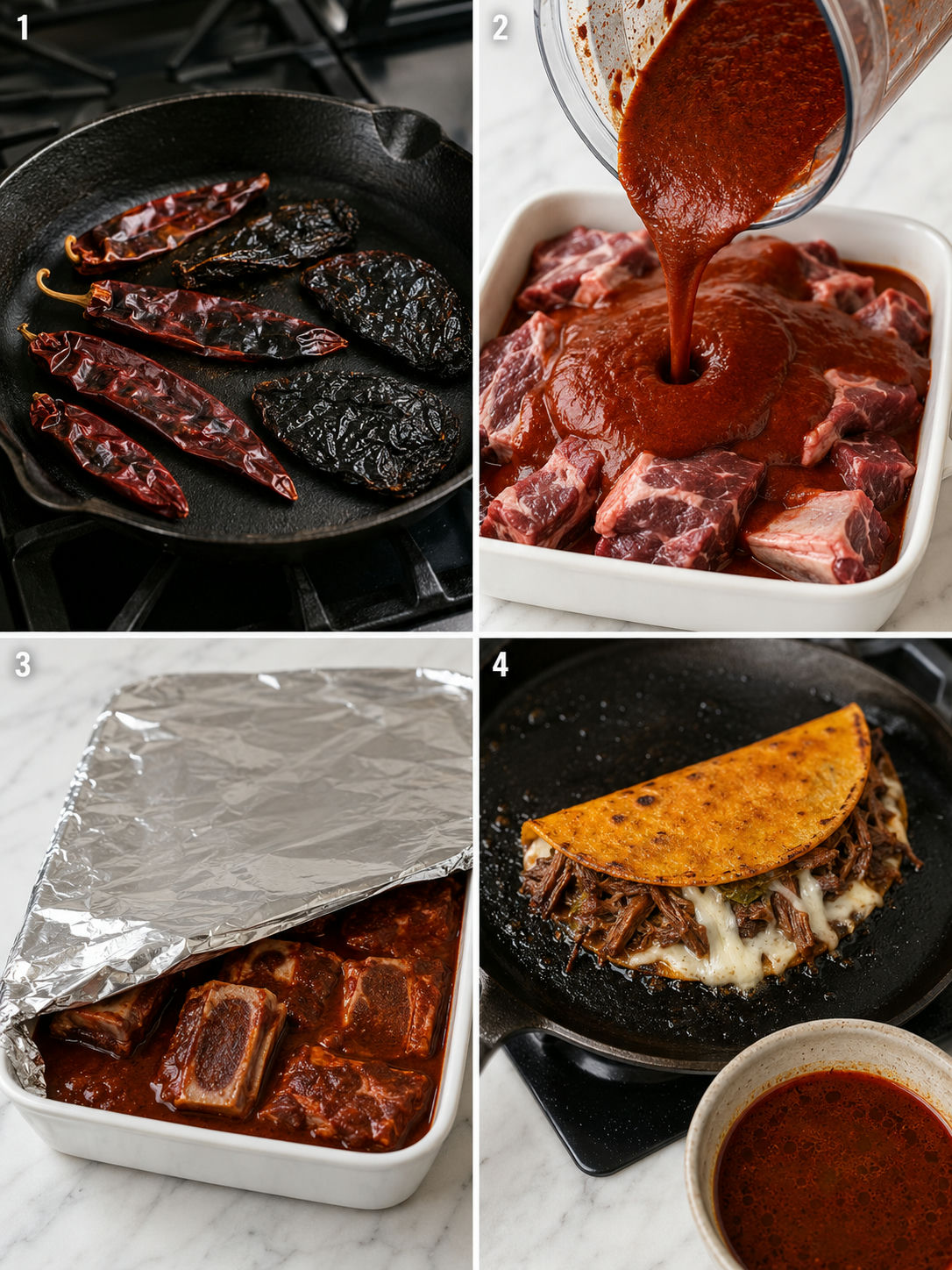 Four steps of making beef birria tacos from toasting chiles to crisping the finished tacos
