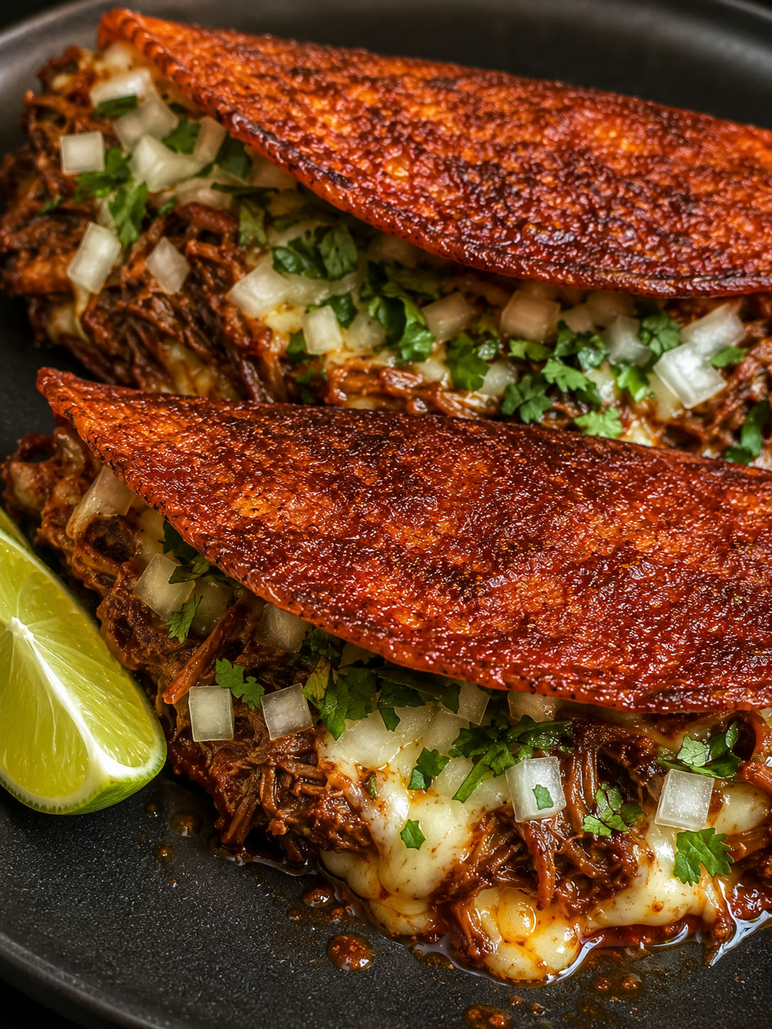 Crispy beef birria tacos with melted cheese, shredded beef, onion, and cilantro