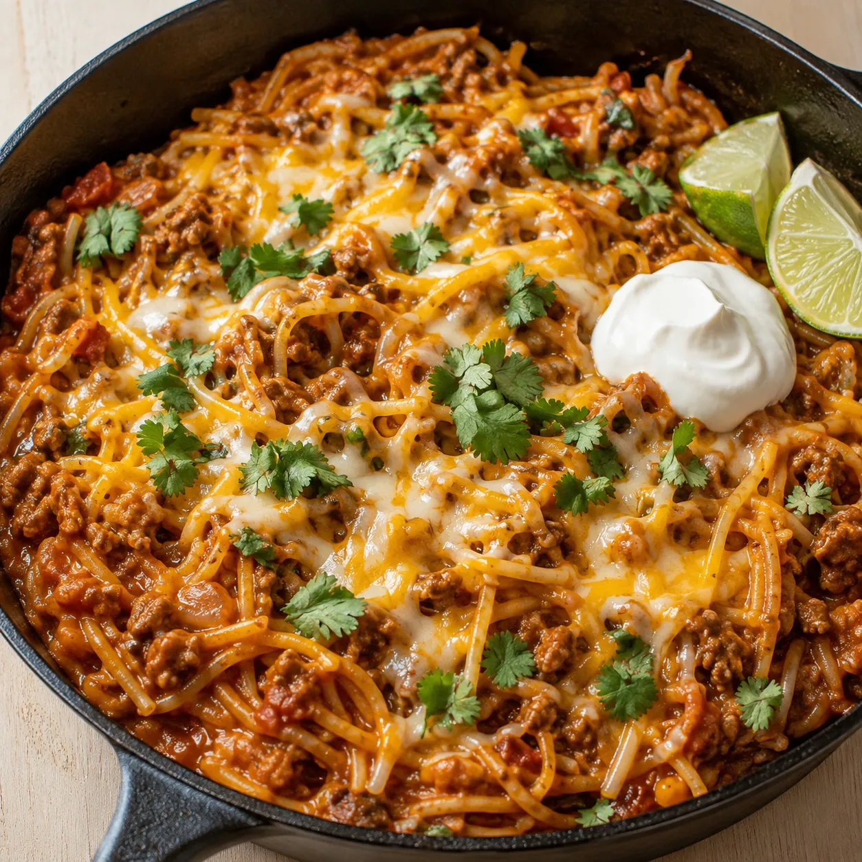 Beef enchilada fideo skillet with melted cheese, cilantro, and lime