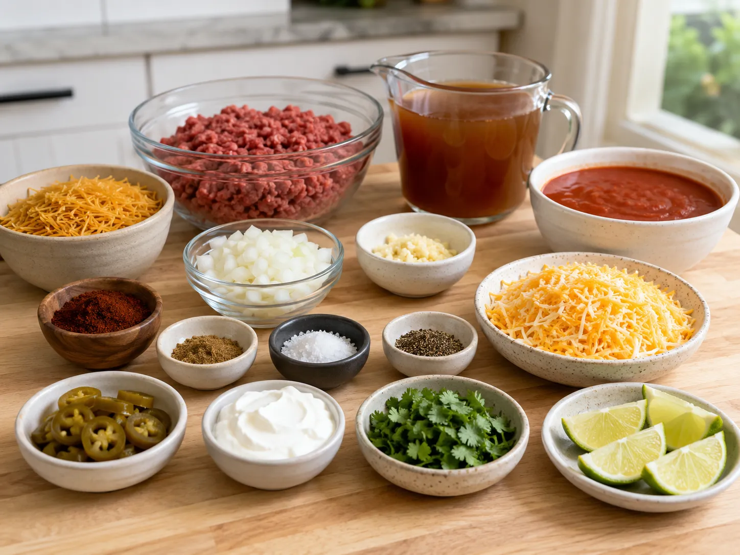 Ingredients for beef enchilada fideo skillet arranged on a wood surface