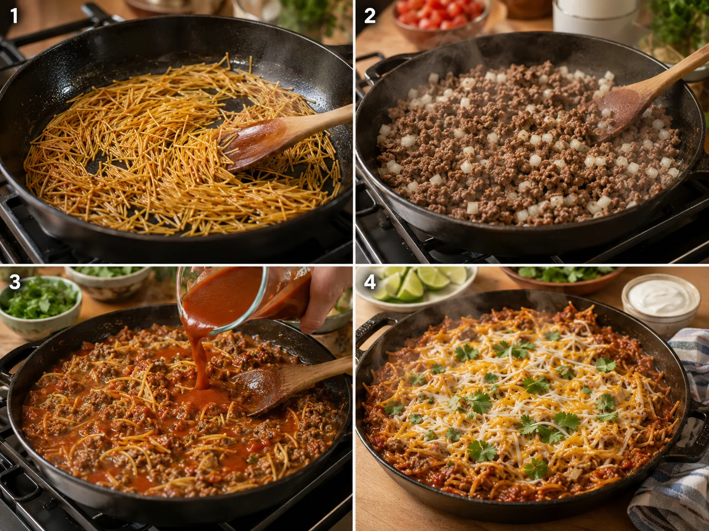 Four cooking steps for beef enchilada fideo skillet in a deep skillet