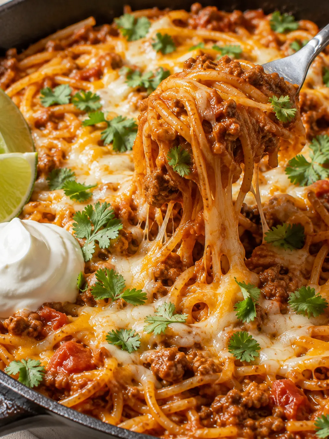Saucy beef enchilada fideo skillet with melted cheese and cilantro
