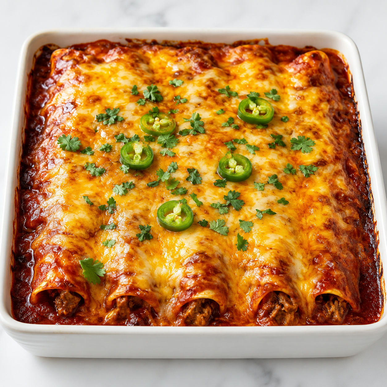 Beef enchiladas with bubbly melted cheese on top in a ceramic baking dish
