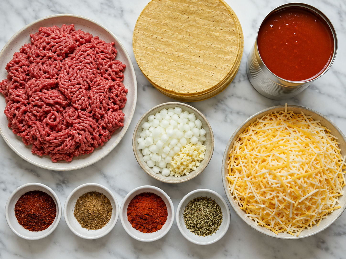 Raw ingredients for beef enchiladas including ground beef, tortillas, cheese, and spices on a wooden surface
