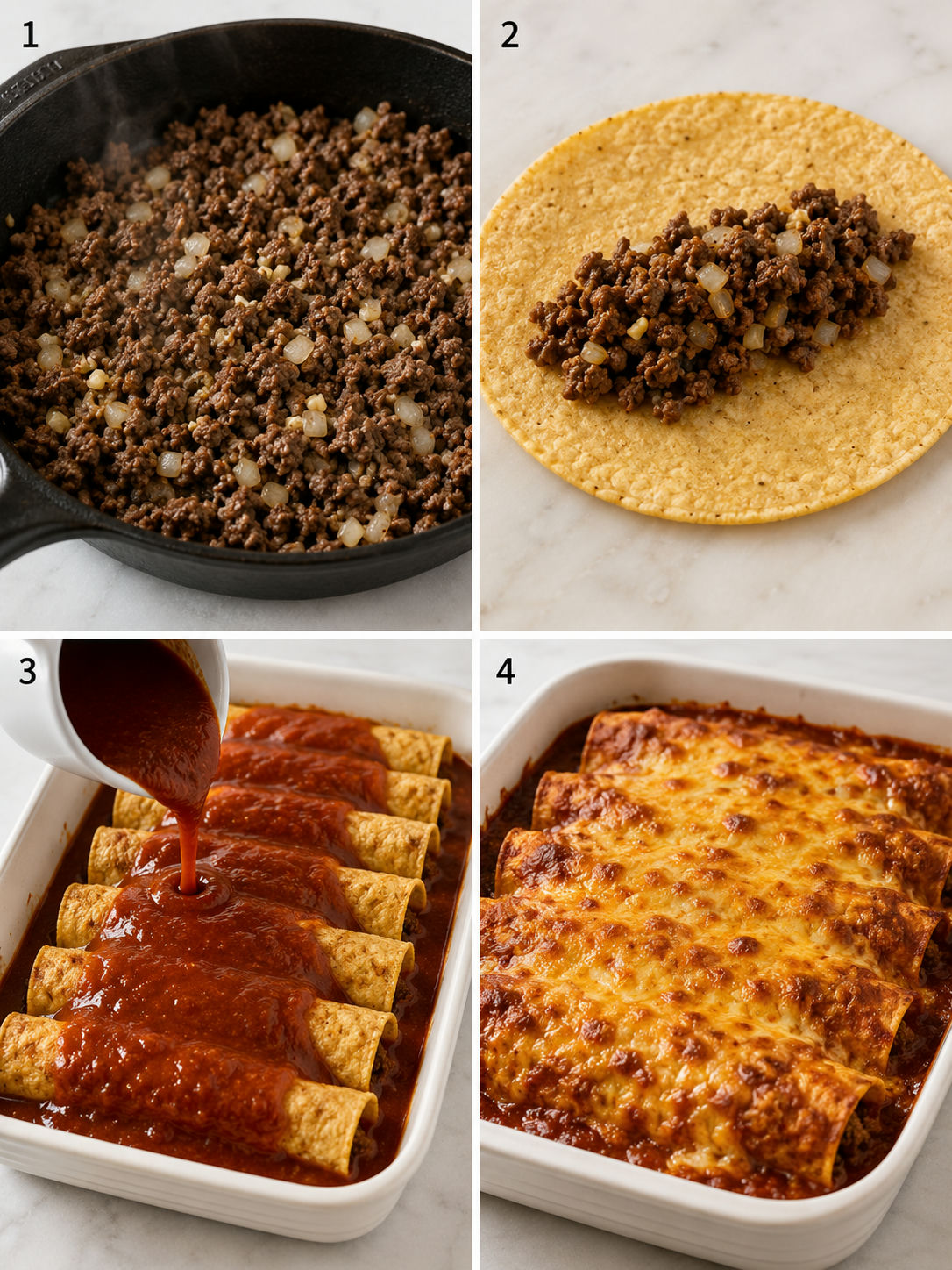 Four steps of making beef enchiladas from browning beef to baked cheesy top