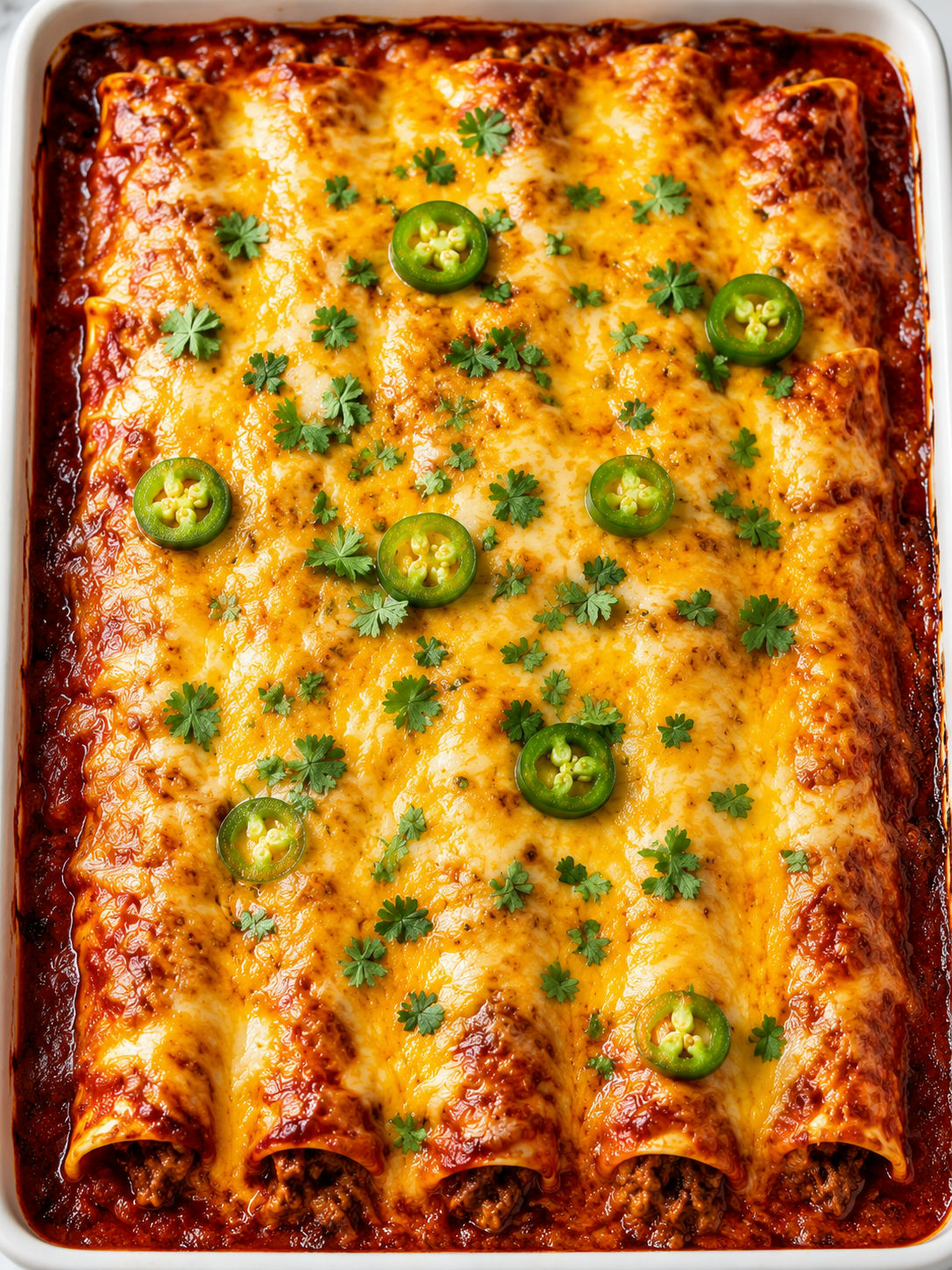 Overhead beef enchiladas with thick melted cheese and cilantro in a baking dish