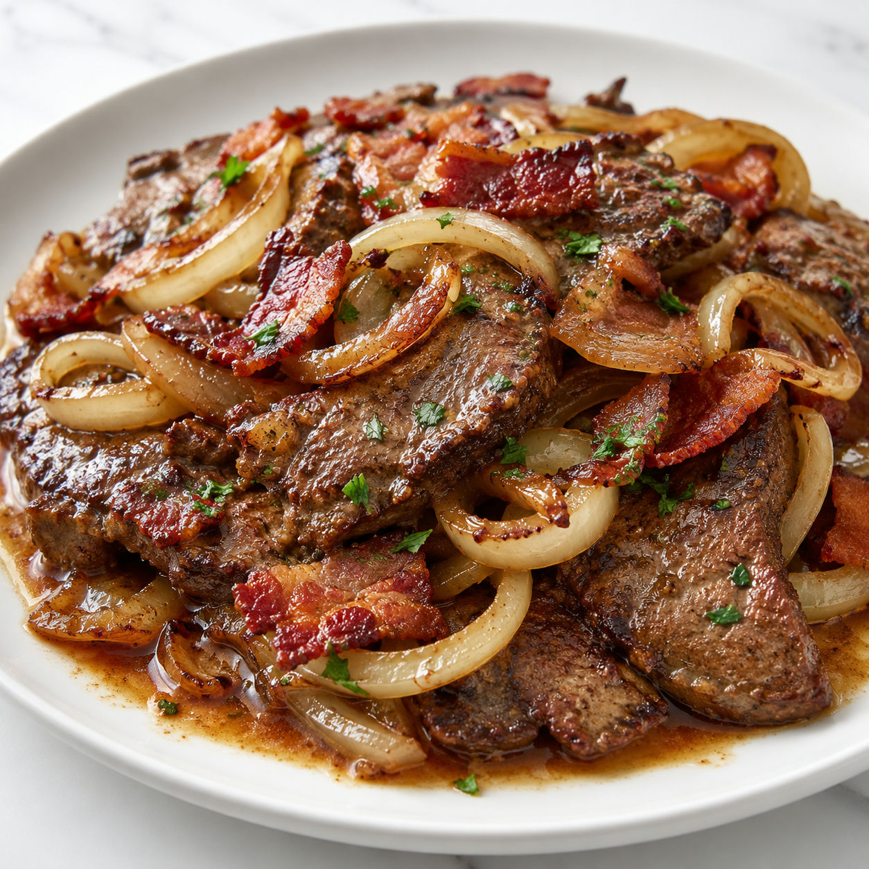 Beef liver and onions with bacon and parsley on a white plate