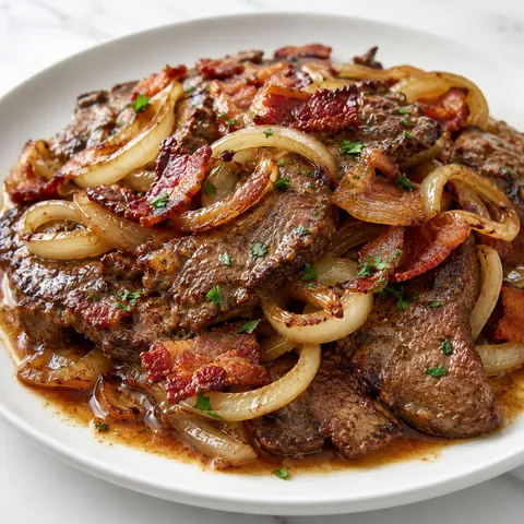 Beef liver and onions with bacon and parsley on a white plate