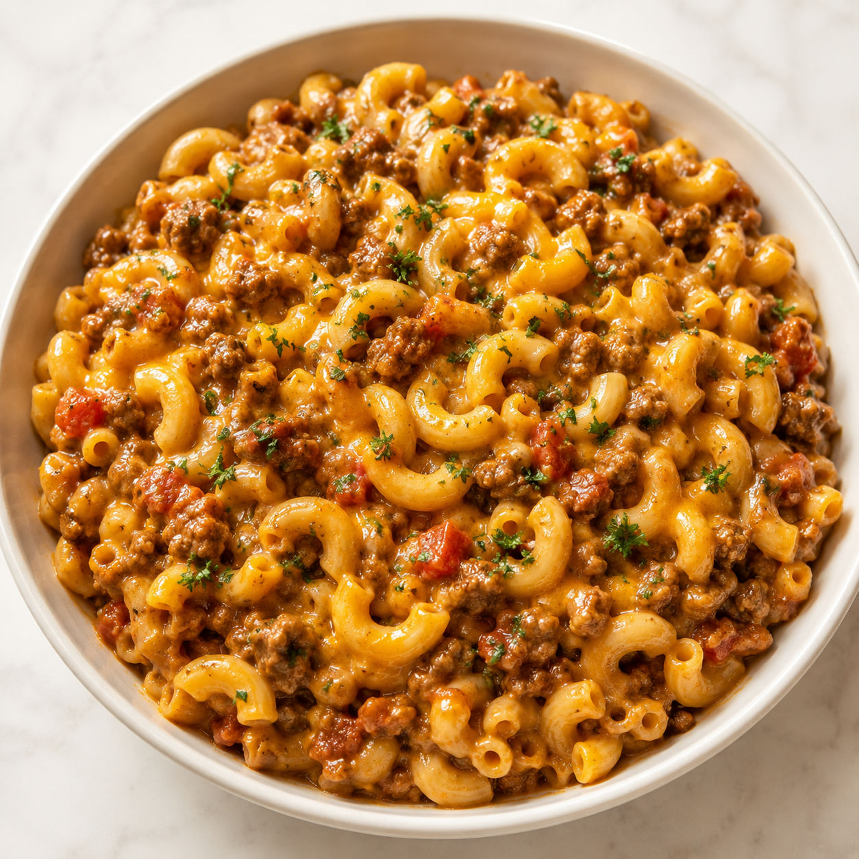 Beef mince macaroni with tomato sauce, cheddar, and parsley in a bowl