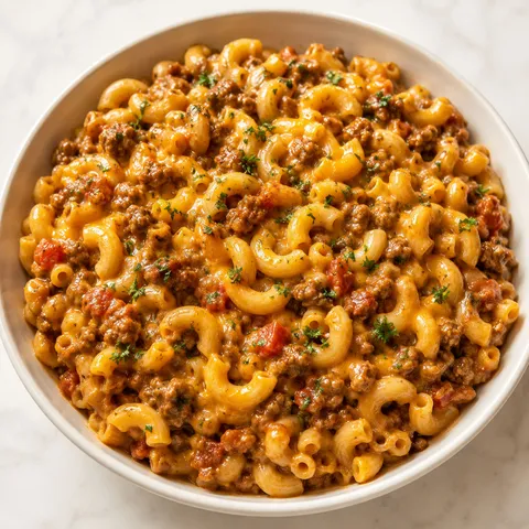 Beef mince macaroni with tomato sauce, cheddar, and parsley in a bowl