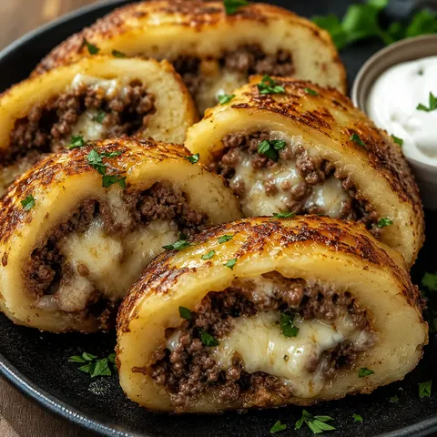 Sliced beef potato roll rounds with melted mozzarella and ground beef filling on a dark ceramic plate