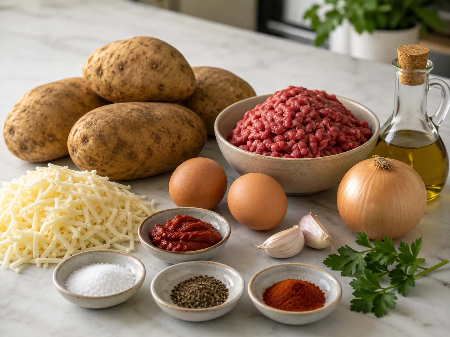 Raw ingredients for beef potato roll on marble including Russet potatoes, ground beef, mozzarella, onion, and garlic