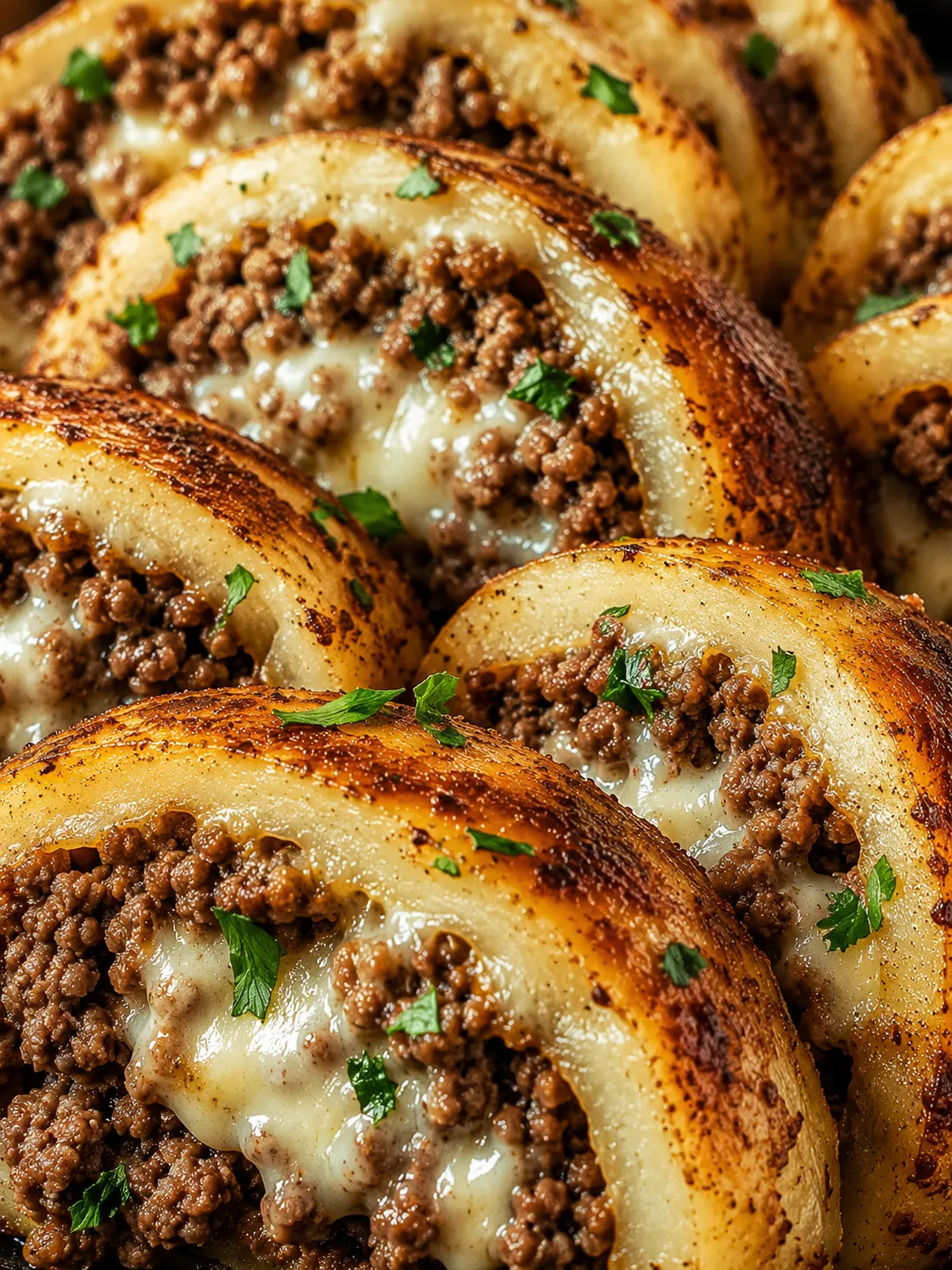 Golden beef potato roll slices showing cheesy ground beef filling, side-angle close-up view