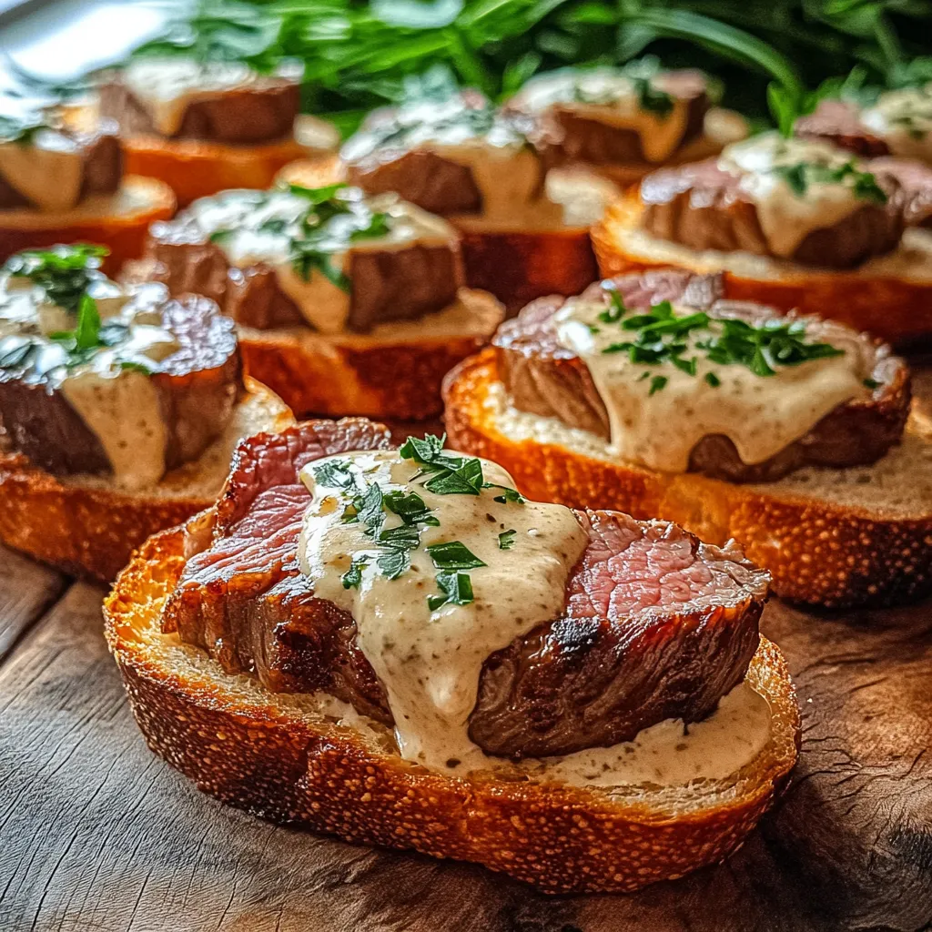 Beef Tenderloin Crostini with Creamy Parmesan Sauce