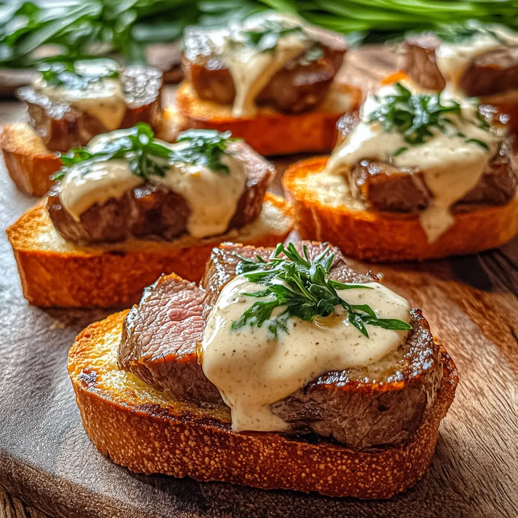 Beef Tenderloin Crostini with Creamy Parmesan Sauce