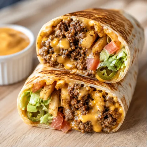 Beefy cheesy fries wrap with seasoned beef and cheddar sauce