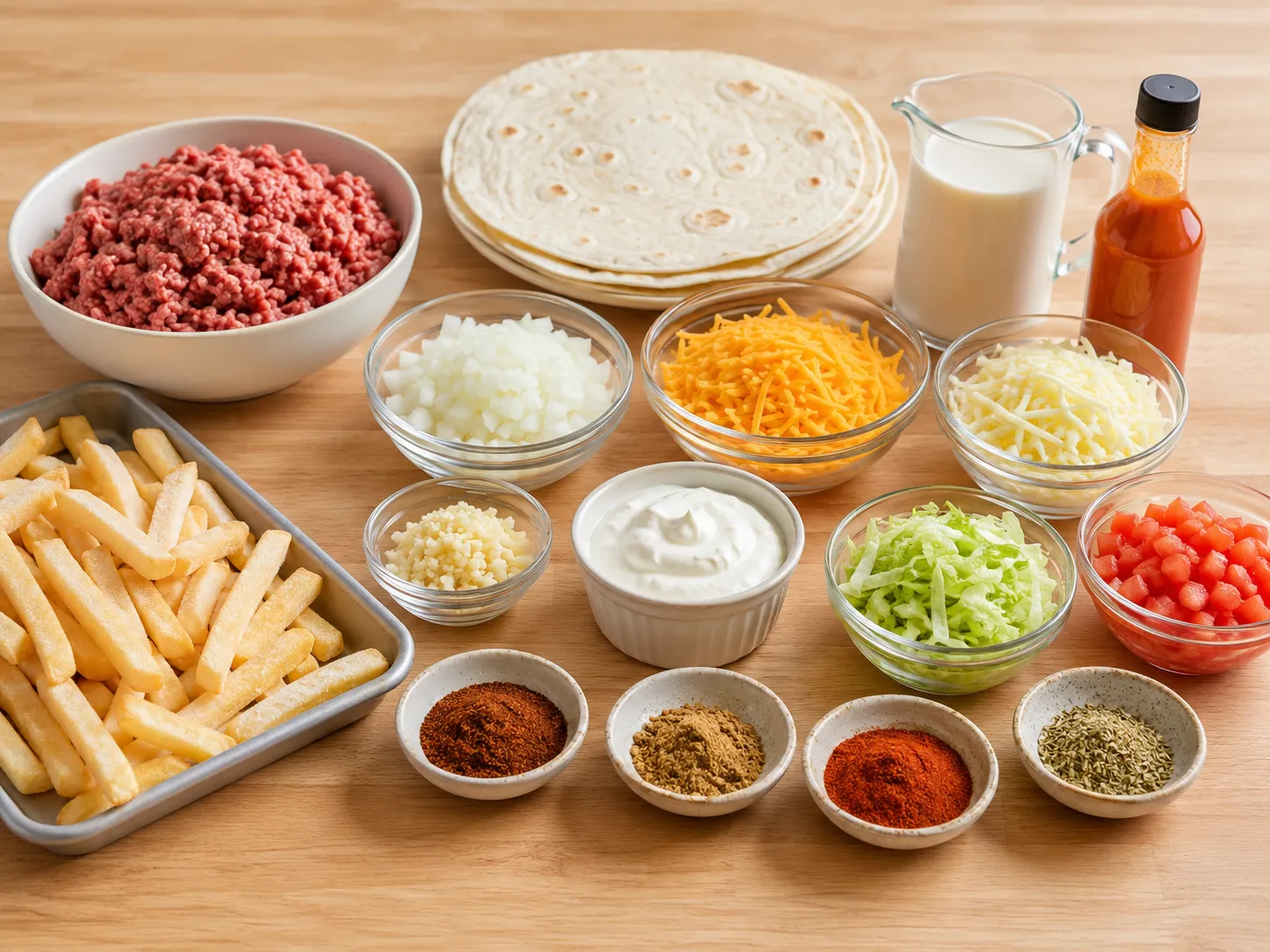 Ingredients for beefy cheesy fries wraps on a kitchen counter