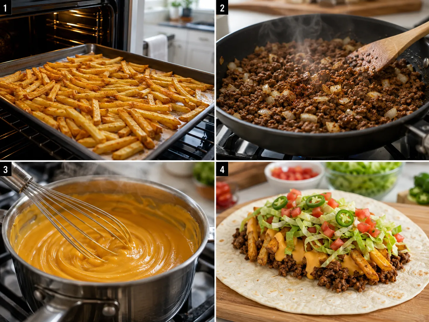 Steps for making beefy cheesy fries wraps with beef, fries, and sauce
