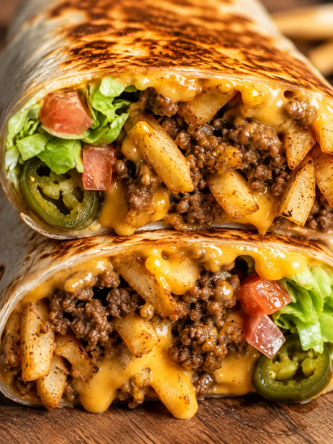 Toasted beefy cheesy fries wrap packed with beef, fries, and cheddar sauce