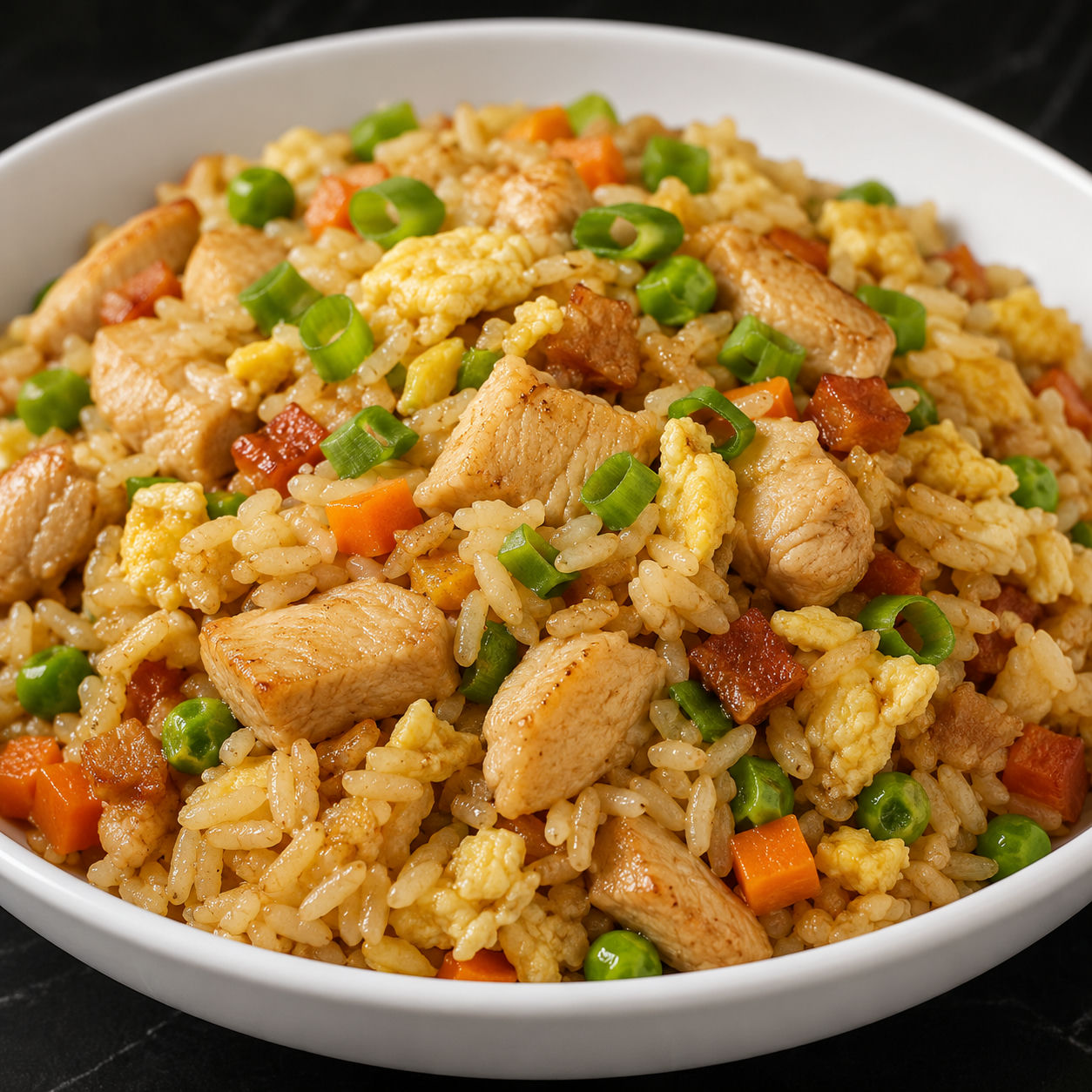 Chicken fried rice with egg, peas, carrots, and scallions in a white bowl