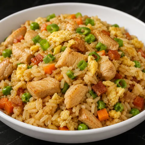 Chicken fried rice with egg, peas, carrots, and scallions in a white bowl