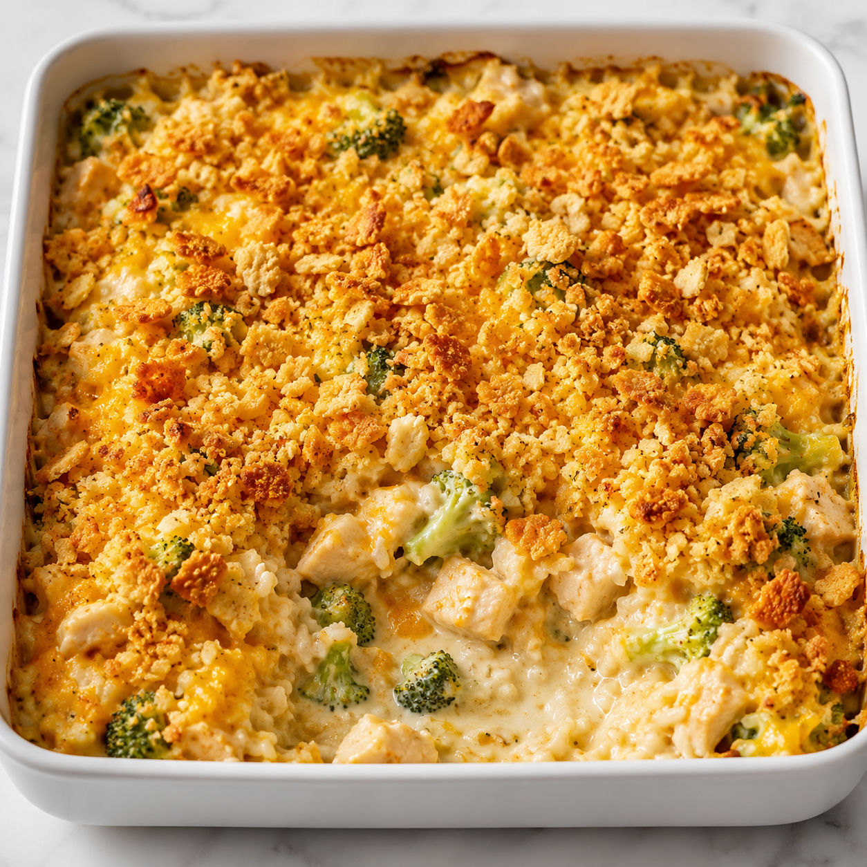 Creamy chicken and rice casserole with broccoli and cracker topping