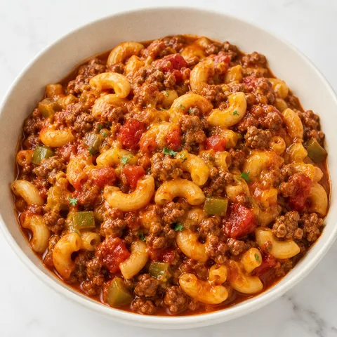 American goulash with beef, macaroni, tomato sauce, cheddar, and parsley