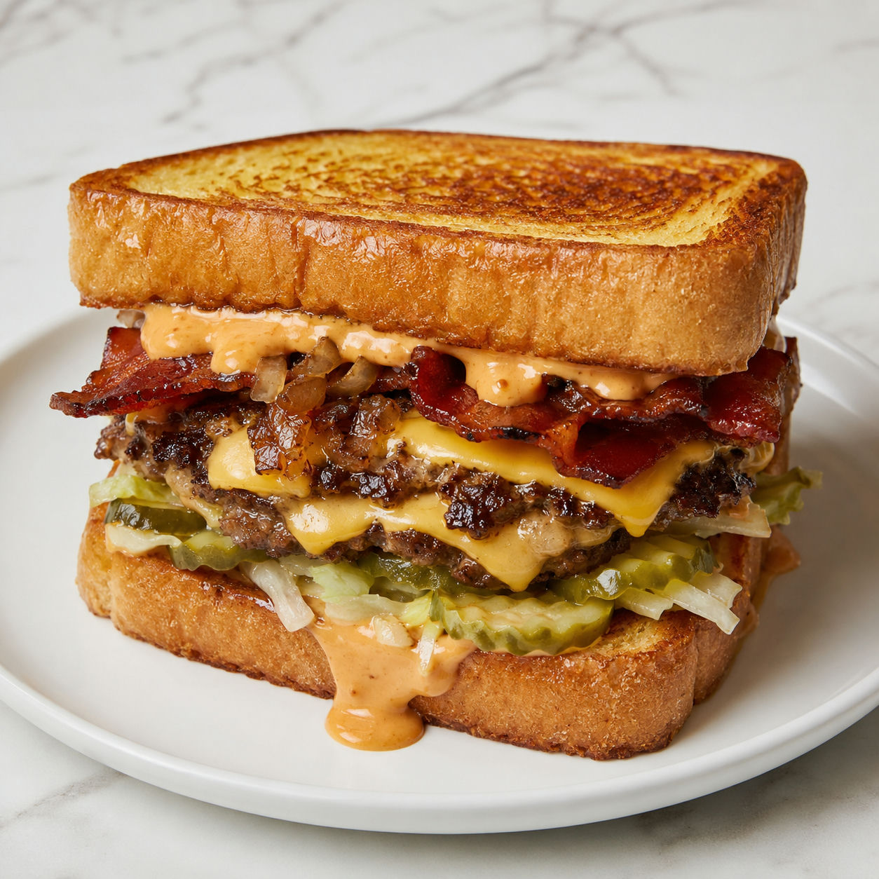 Loaded smashburger sandwich on Texas toast with bacon and melted cheese