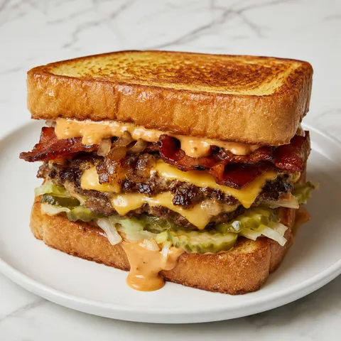 Loaded smashburger sandwich on Texas toast with bacon and melted cheese