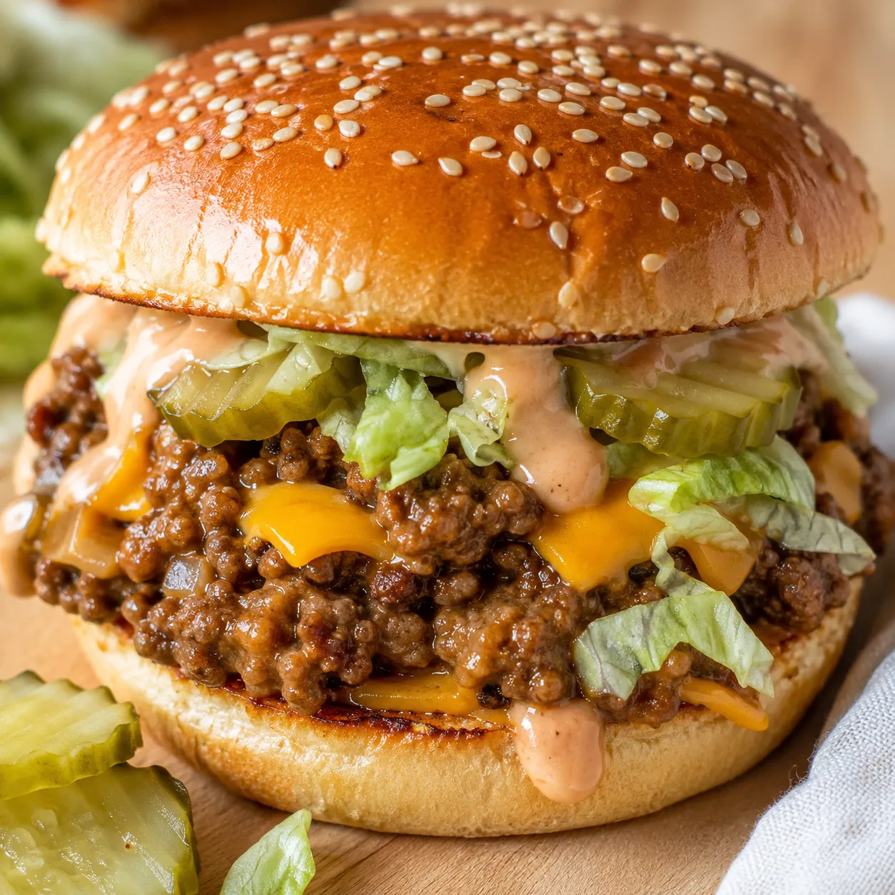 Big Mac Sloppy Joes with cheese, lettuce, pickles, and creamy sauce