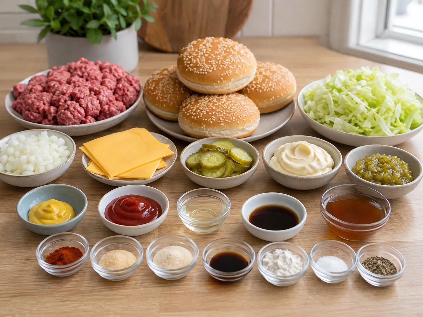 Ingredients for Big Mac Sloppy Joes with beef, buns, cheese, pickles, and sauce