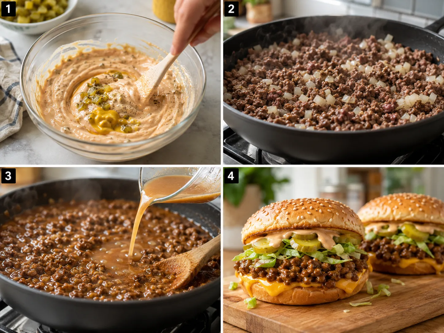 Four cooking steps for Big Mac Sloppy Joes from sauce to assembly