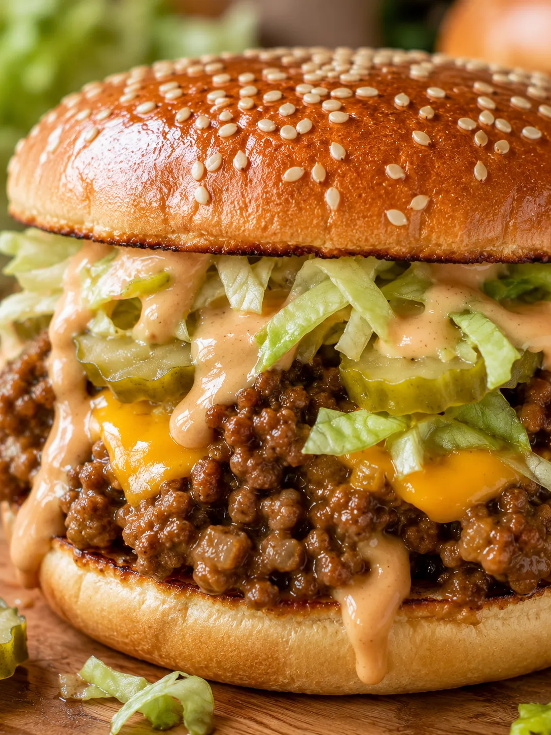 Big Mac Sloppy Joe sandwich stacked with beef, cheese, lettuce, pickles, and sauce