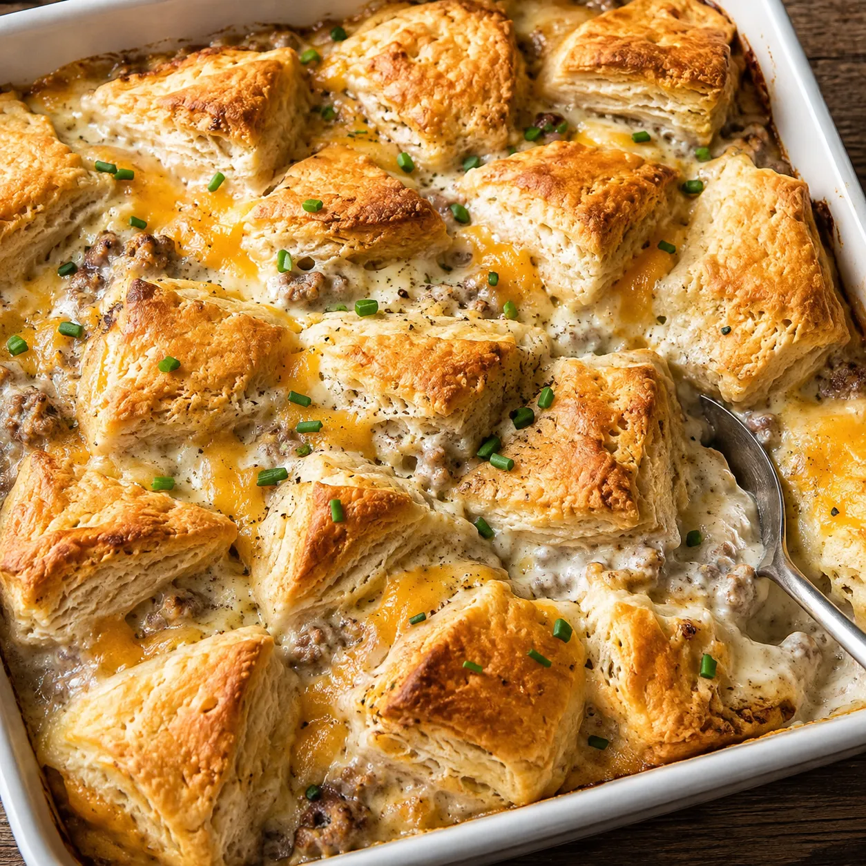 Biscuits and gravy casserole bake with golden biscuits and chives