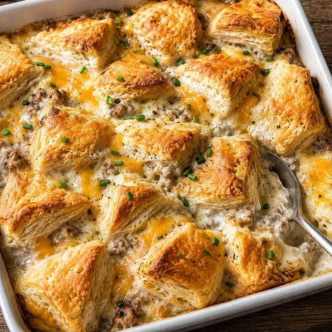 Biscuits and gravy casserole bake with golden biscuits and chives