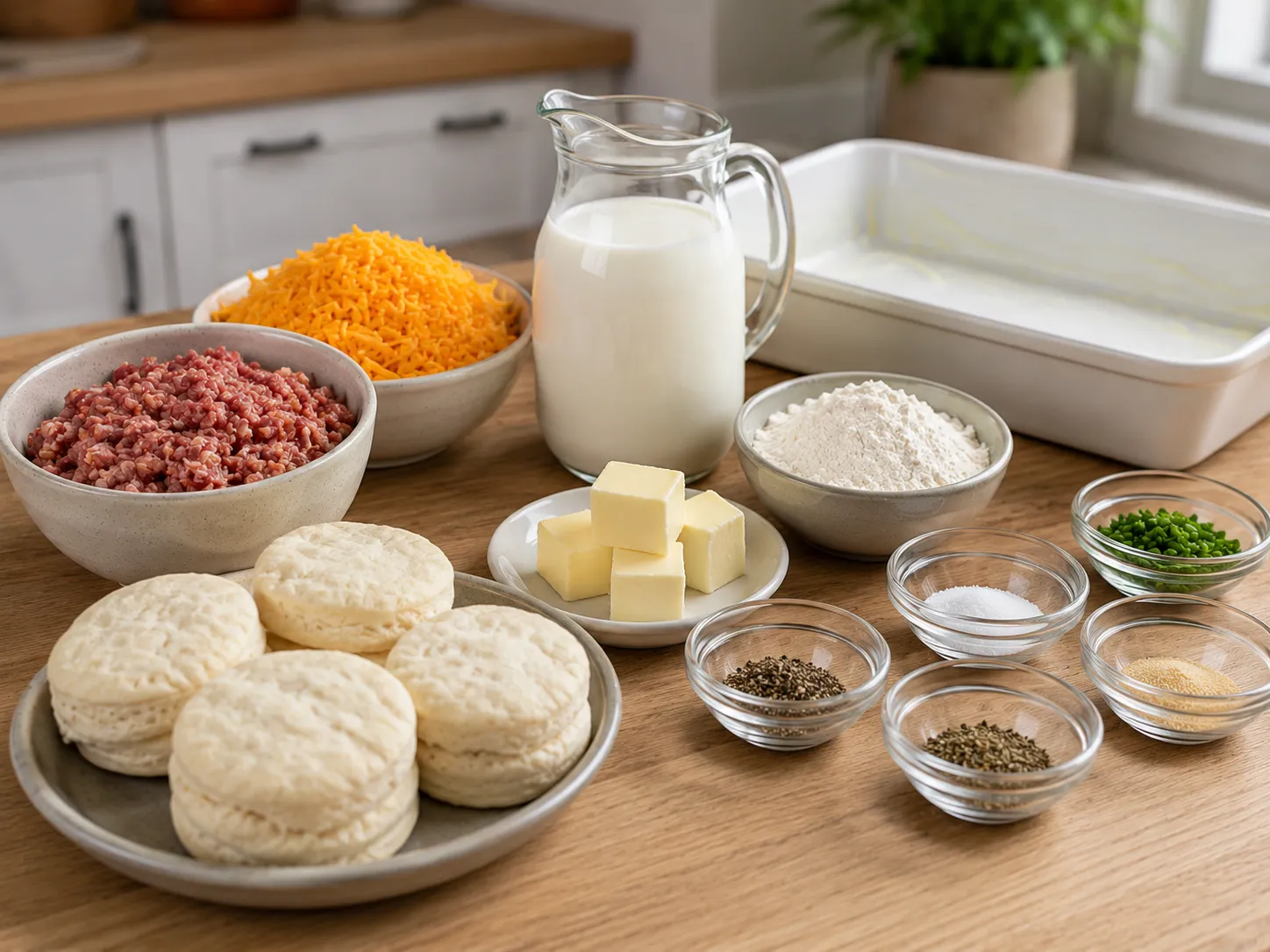 Ingredients for biscuits and gravy casserole bake on a wood counter