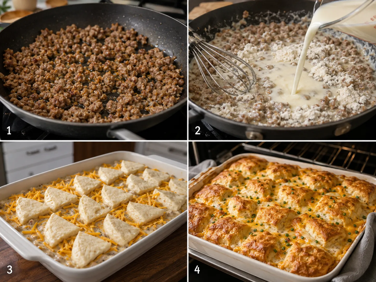 Four steps for making biscuits and gravy casserole bake