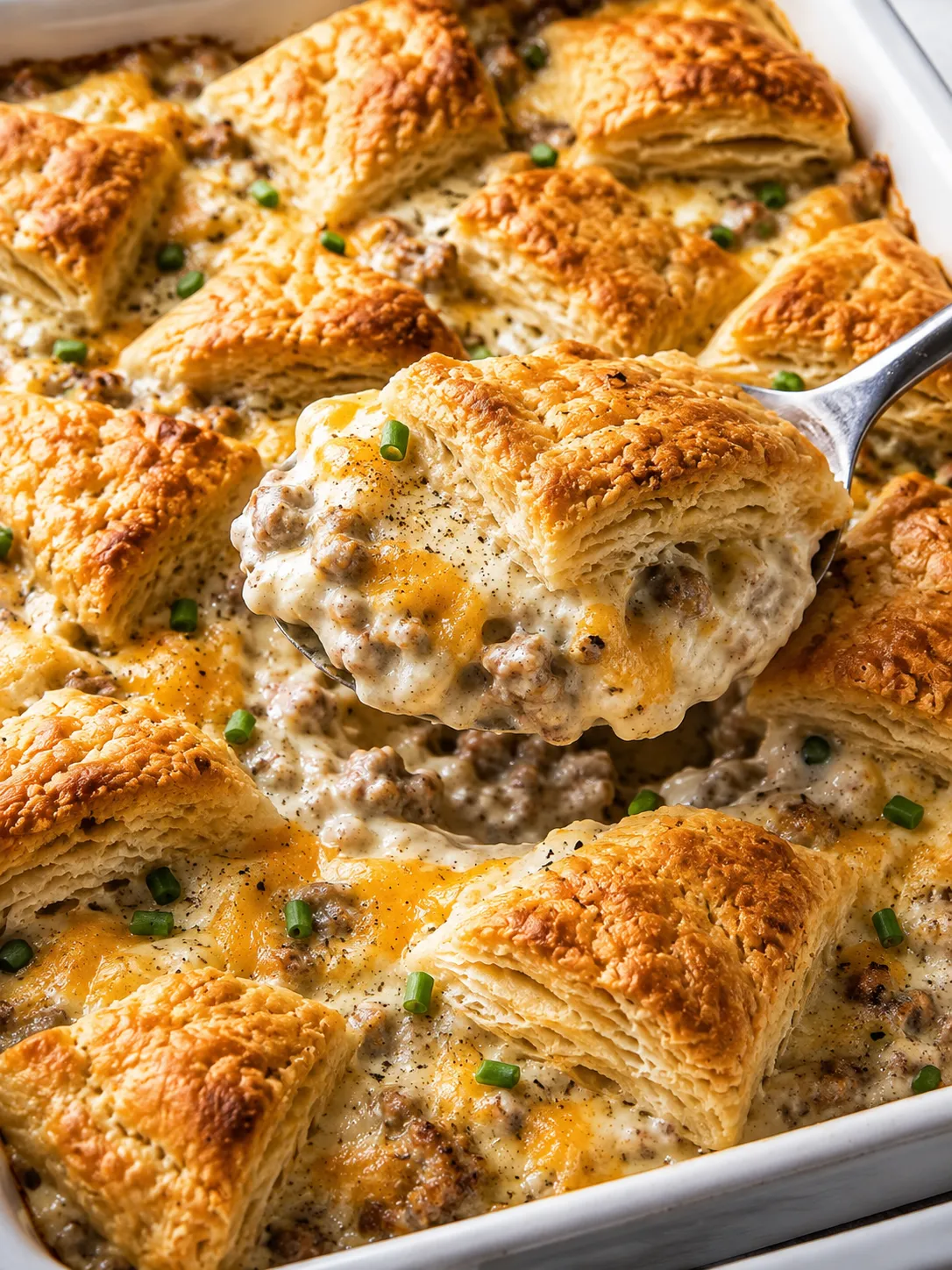 Spoonful of biscuits and gravy casserole bake with sausage gravy and chives