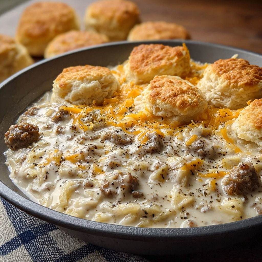Biscuits Gravy Hashbrown Bake with Cheddar