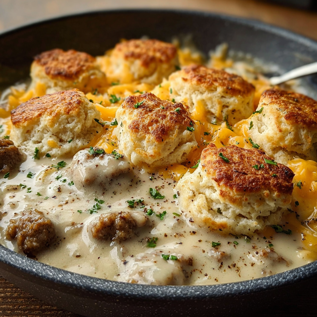 Biscuits Gravy Hashbrown Bake with Cheddar