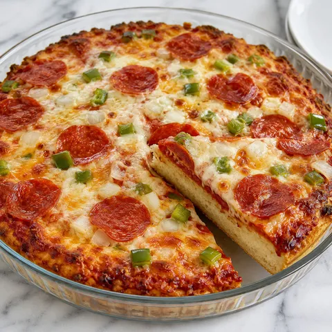 Bisquick Impossible Pizza Pie with pepperoni, mozzarella, and green pepper