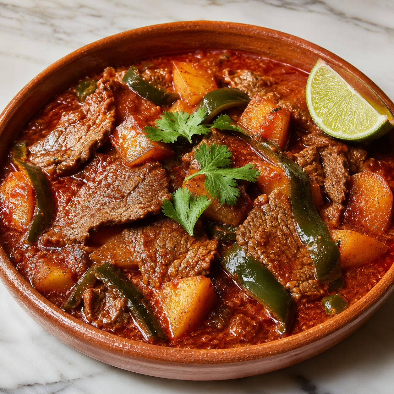 Bistec ranchero with tender beef slices in deep red ranchero sauce, golden potatoes, and cilantro in a clay bowl
