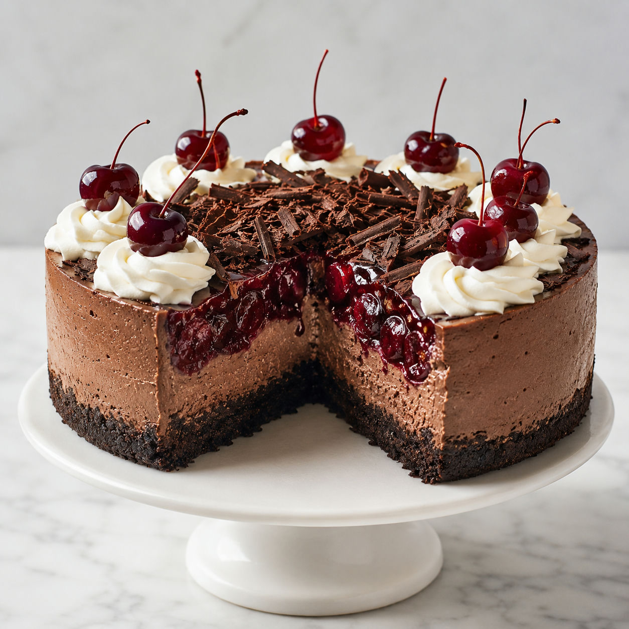 Black Forest cheesecake with cherries, whipped cream, and chocolate curls