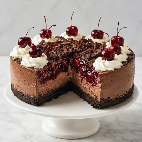Black Forest cheesecake with cherries, whipped cream, and chocolate curls